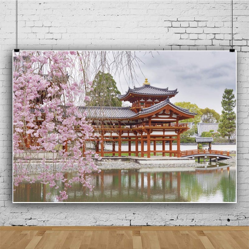 DORCEV Japan Scenery Photography Backdrop Japanese Style Building Garden Pink Cherry Asian Travel Themed Birthday Party Wedding Portrait Photo Studio Props Background Room Wallpaper - Image 3